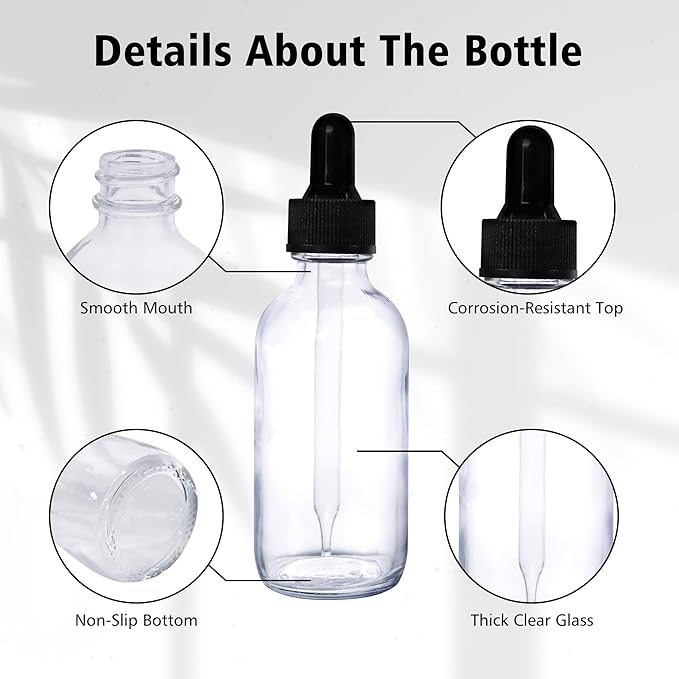 48 Pack 2oz Clear Glass Bottles with Glass Eye Droppers for Essential Oils, Perfumes & Lab Chemicals (Brush, Funnels, 2 Extra Droppers, 54 Pieces Labels & 30ml Measuring Cup Included)