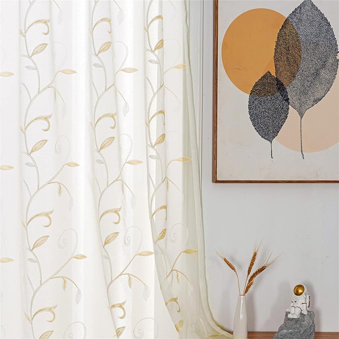 White Sheer Curtains Beige Embroidered Leaves 2 Panels 54Wx84L | Light by VISIONTEX