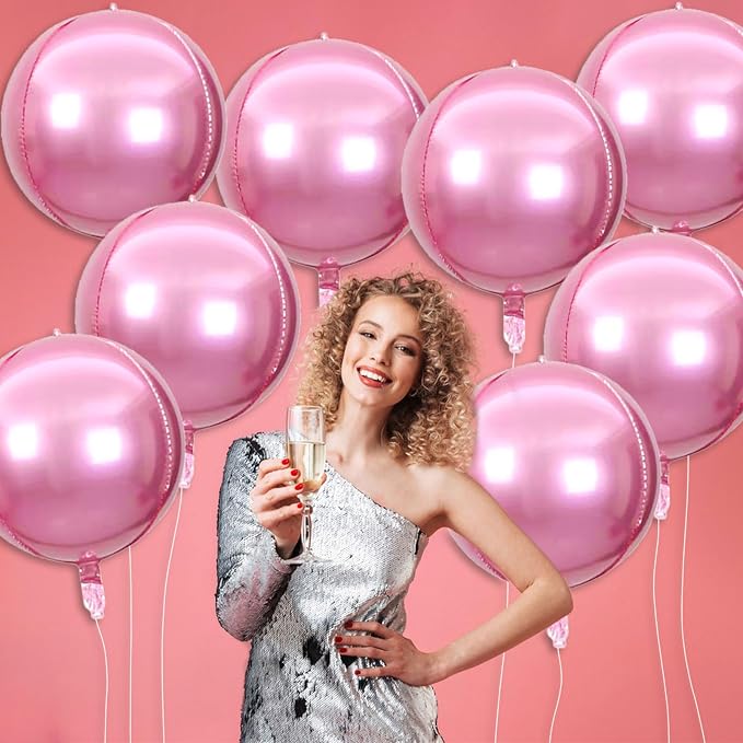8 Pcs Pink Round Foil Balloons, 22 Inch, 4D Pink Mylar Orbz Round Balloons - Image 7