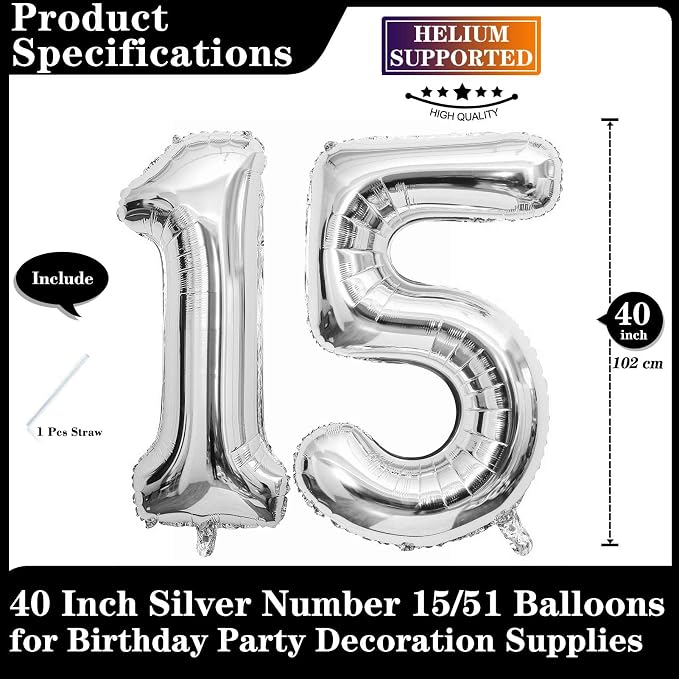 Silver 15 Number Balloons, 40 Inch Giant Number 15 Balloons Foil Mylar Helium - Image 2