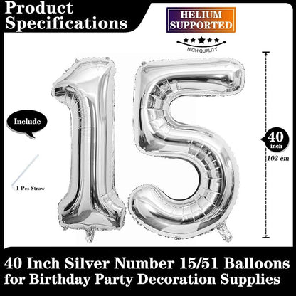 Silver 15 Number Balloons, 40 Inch Giant Number 15 Balloons Foil Mylar Helium - Image 2