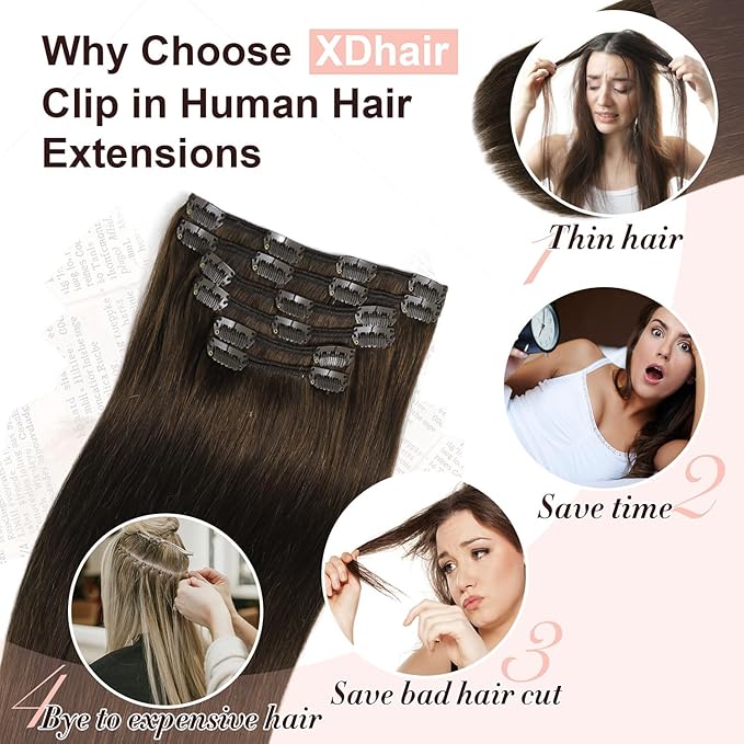 XDhair Clip in Hair Extensions Real Human Hair20 Inch 120g Dark Brown Clip in Hair Extensions Straight Human Hair for Women 6 Pcs #2 20 Inch