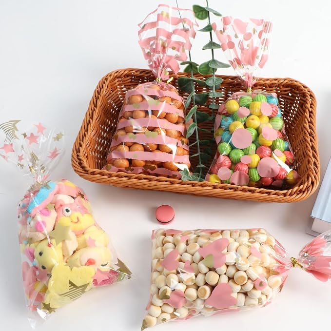 COQOFA 100 Pcs 5"X11" Cello Cellophane Treat Bags Party Favor bags Pink Candy - Image 6