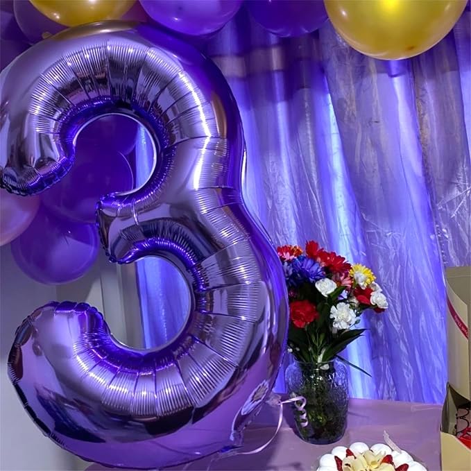 3rd Birthday Number Balloons for Kids, Self Inflating 40 Inch Purple Foil - Image 7