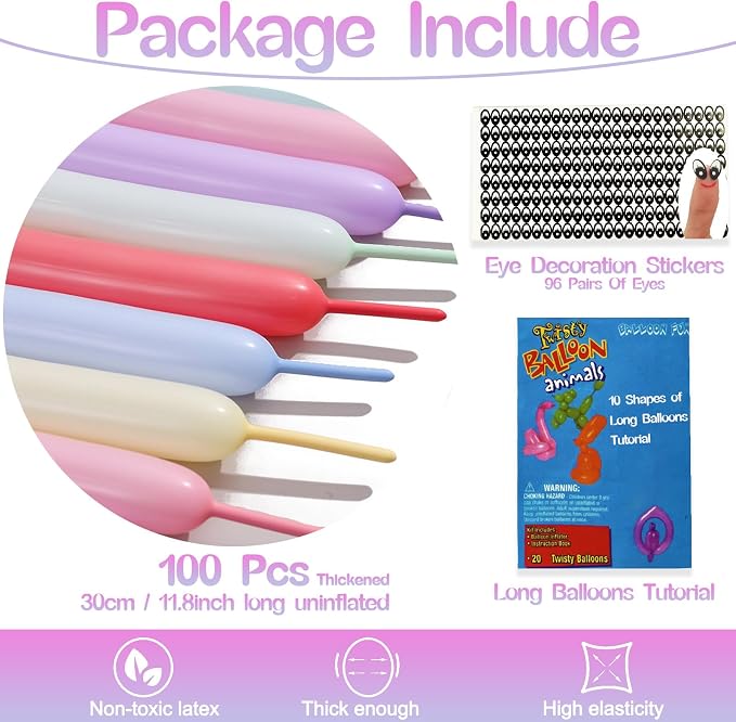 260 Pastel Multicolor Balloons, Thickened 100 Pack Long Twisting Skinny Magic - Image 2