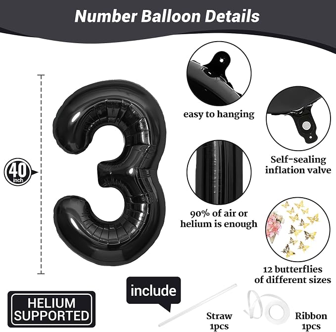 40 Inch Black Number 3 Balloon - Image 2