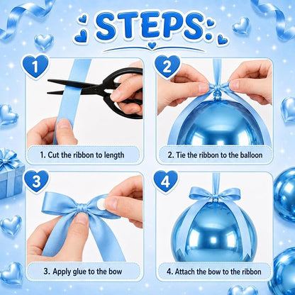 Blue Round Foil Balloons with Satin Bows and Ribbon - Image 3