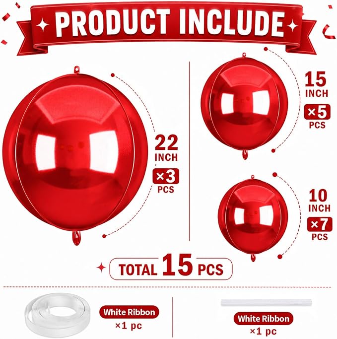 15 Pcs Red Round Foil Balloons, 22/15/10 Inch 4D Ball Balloons Red Ball Balloon - Image 2