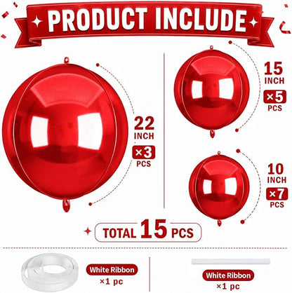 15 Pcs Red Round Foil Balloons, 22/15/10 Inch 4D Ball Balloons Red Ball Balloon - Image 2
