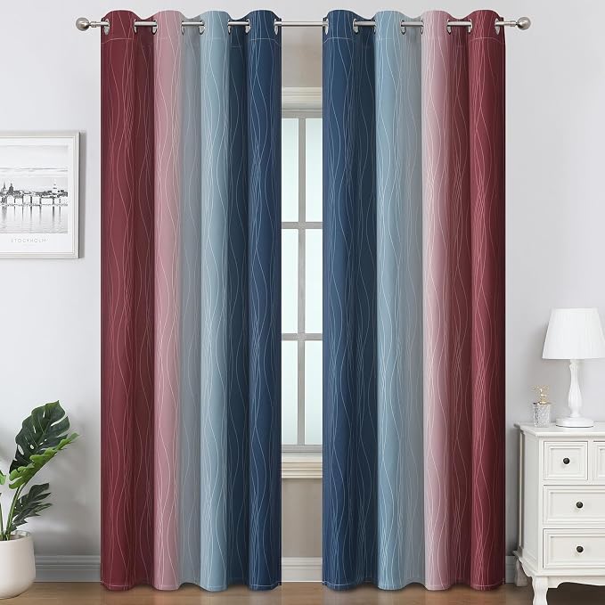 Burgundy Red and Navy Blue Ombre Blackout Curtains 84 Inches Long - Image 2