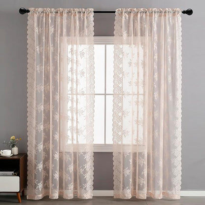 Kotile Blush Pink Floral Lace Curtains - Image 2