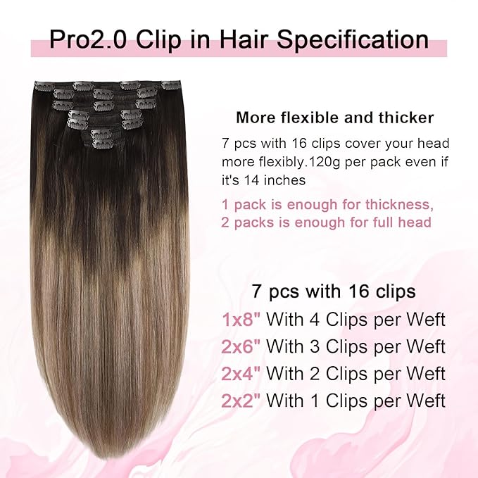 Pro2.0 Clip in Hair Extensions Real Human Hair 20inch 7pcs Color #2/6/18 Dark Brown to Dirty Blonde Remy Real Human Hair Extensions Clip ins 120g Thick Double Weft（#2/6/18-20inch）