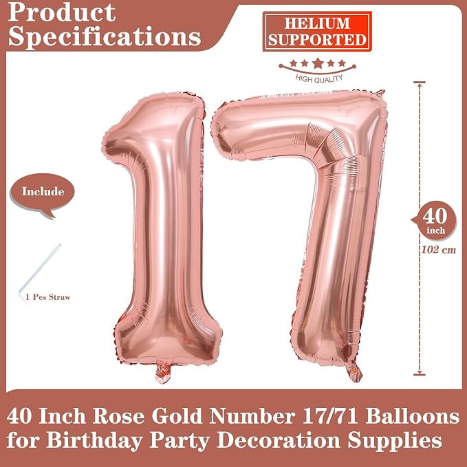 Rose Gold 17 Number Balloons, 40 Inch Giant Number 17 Balloons Foil Mylar - Image 2
