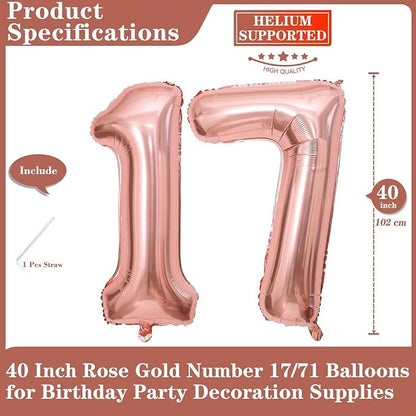 Rose Gold 17 Number Balloons, 40 Inch Giant Number 17 Balloons Foil Mylar - Image 2