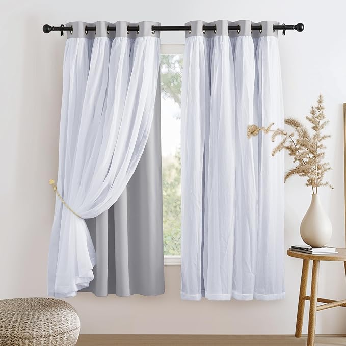 PONY DANCE Blackout Curtains Sheer Overlay, 2 Pieces | Decorative Window Drapes by PONYDANCE