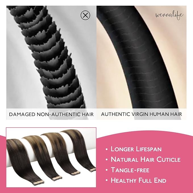 WENNALIFE Tape in Hair Extensions Human Hair Dark Brown to Chestnut Brown and Dirty Blonde Highlighted Tape in Extensions, 10pcs 20g 10 inch Remy Invisible Tape Ins Straight Colored Soft Refill Set