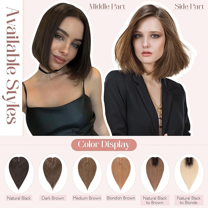 Hairro 100% Human Hair Topper No Bangs, Real Clip in Hair Hairpieces for Women, 3.94x4.72" Silk Base for Thinning Receding High Hairline, 12 Inch Natural Black Middle Part