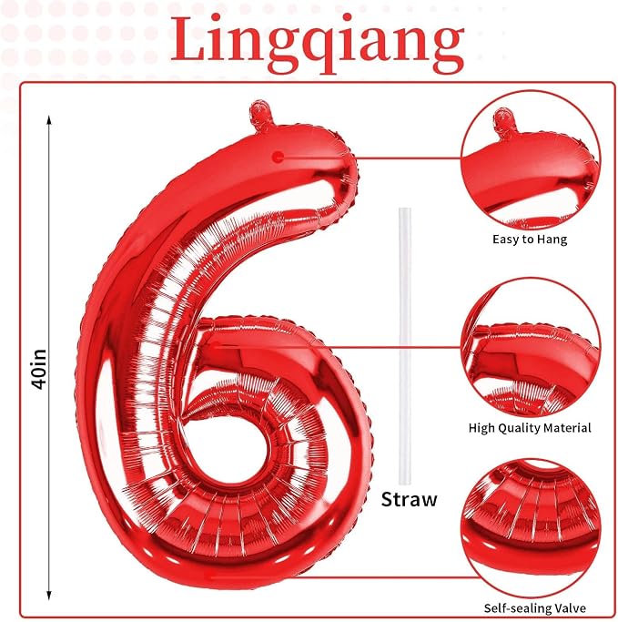 40 Inch Red Large Numbers Balloons 6, Self Inflating Digit 6 Helium Balloons - Image 2