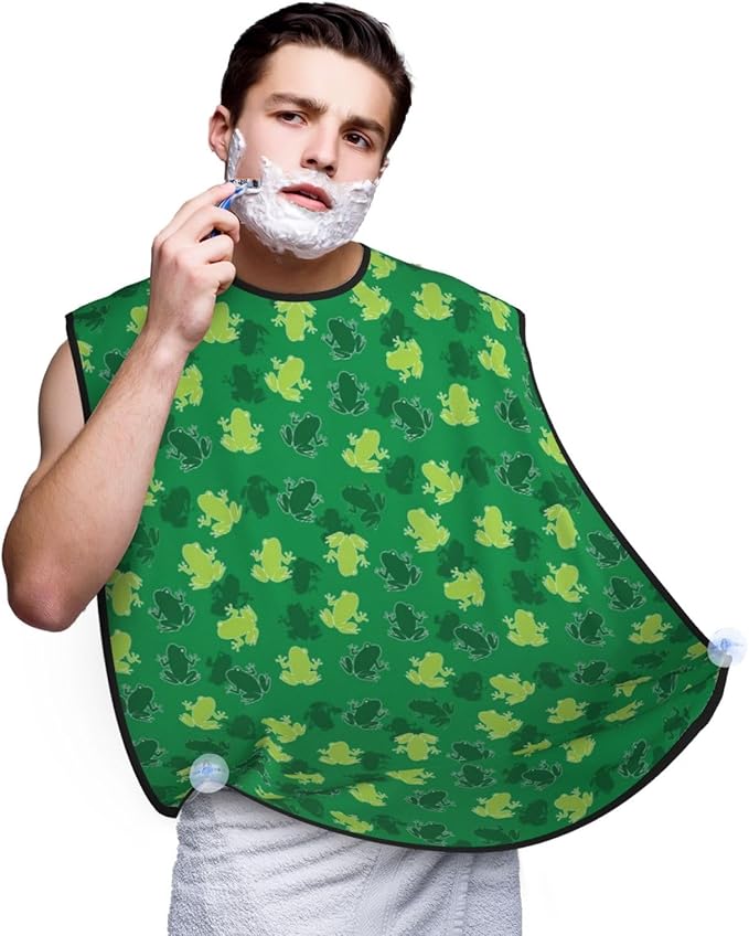 Beard Grooming Cape, Waterproof Hair Catcher for Shaving Trimming, Non-Stick Bib Apron Gifts for Dad Men, Animal Frogs Green Shave Bib