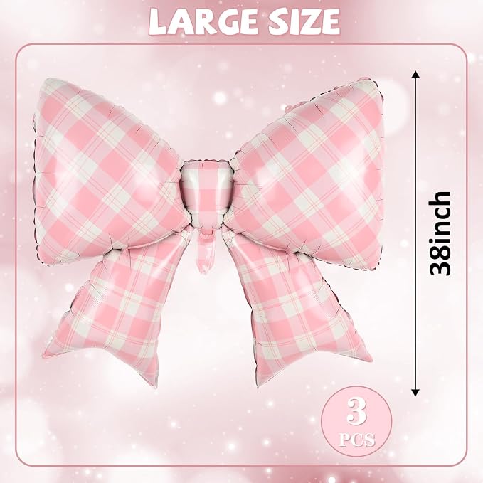 Pink Plaid Bow Balloons, 38 Inch Pink Giant Gingham Checkered Bowknot Foil - Image 3