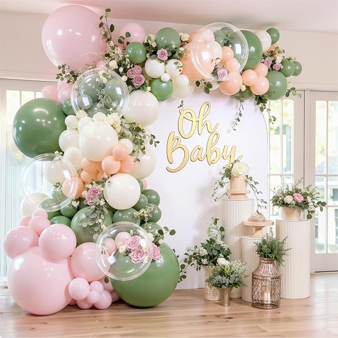 Pink and Sage Green Balloons Arch Kit, Dusty Green Sand White Orange, Party | by Kalyerparty