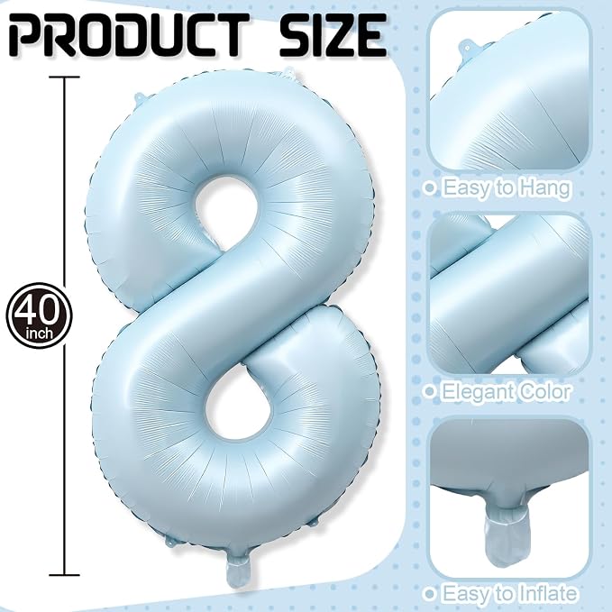 Foil 8 Balloon, Light Matte Blue Big Number 8 Balloons - Image 2