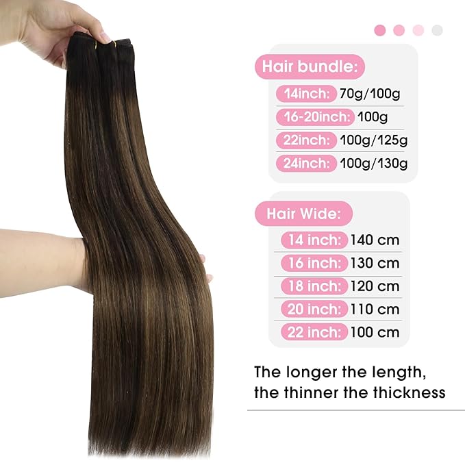 YoungSee 24Inch Sew in Hair Extensions Real Human Hair Brown Weft Hair Extensions Balayage Sew in Bundles Human Hair Dark Brown Mix Medium Brown Highlights 100G