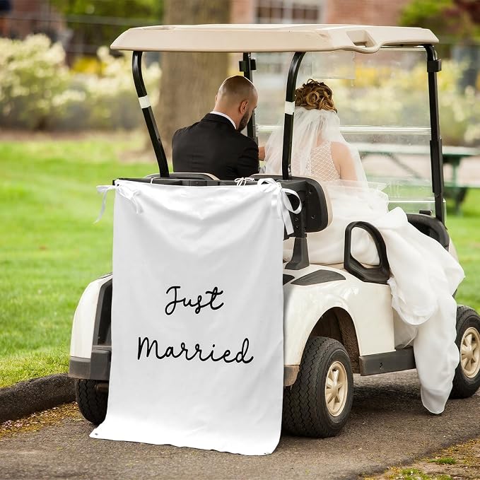 Oudain 29x39 Inch Just Married Burlap Banner, Wedding Fabric Backdrop - Image 6