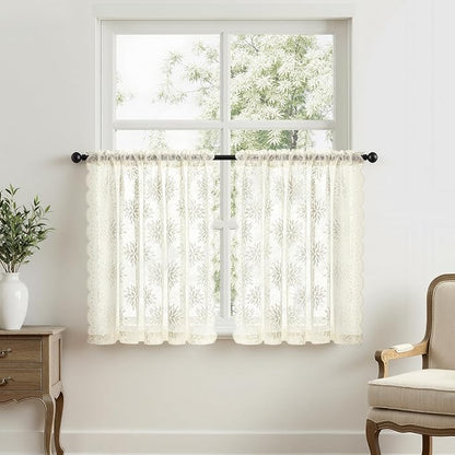 MIULEE Vintage Floral Scalloped Lace Curtains 2 Panels, Ivory 52" W x 36" L | - Image 7
