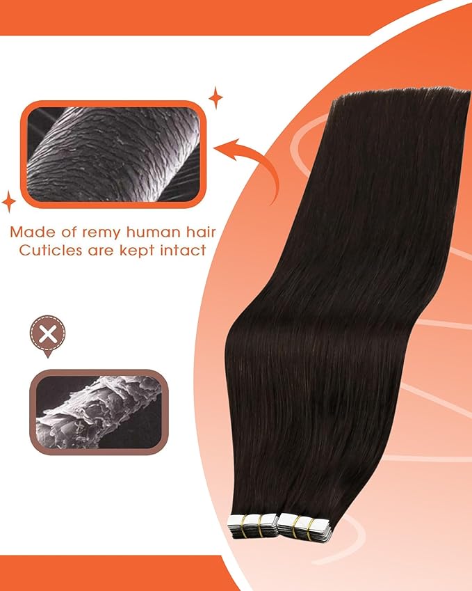 Sunny Hair Tape in Hair Extensions Real Human Hair Invisible Remy Hair Extensions Tape ins for Women Darkest Brown 22 inch 25G