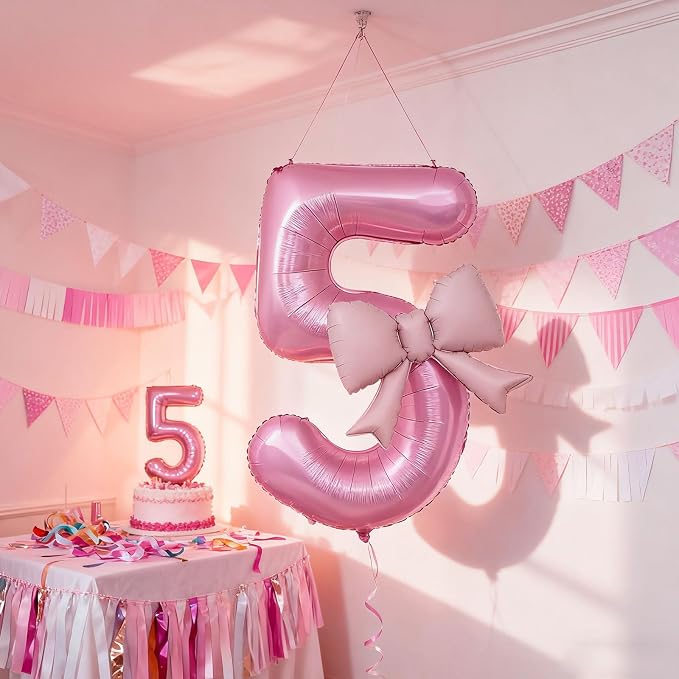 Bow Pink 5 Balloons, 40 Inch Giant Pink Bow Helium Foil Number 5 - Image 5