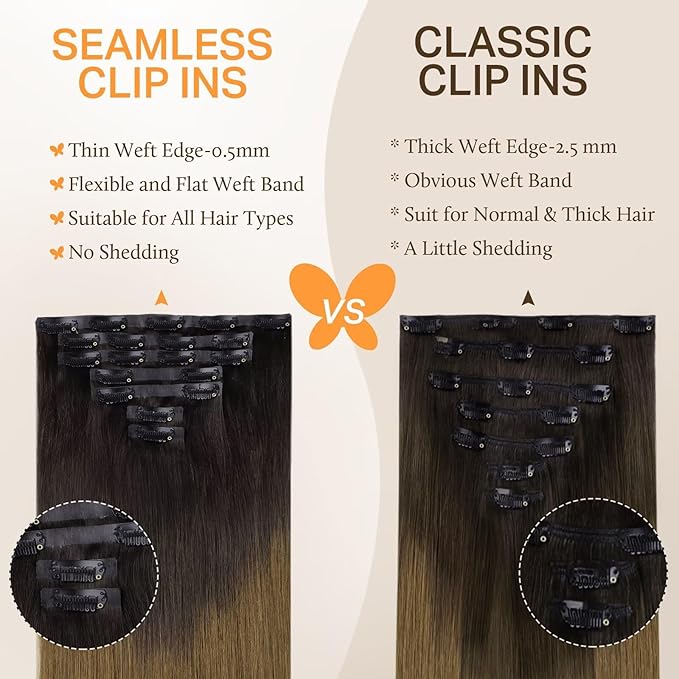 DOORES Hair Extensions Seamless Clip in Human Hair, Chocolate Dip Color Melt 7pcs 130g 16 Inch, Straight Hair Natural Remy Thick Hair Invisible Edge