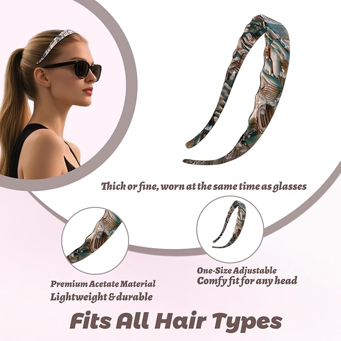 Acetate Hairbands for Women - Non-Slip Thin Headbands with Teeth, Eyewear-Friendly Design, 90s Retro Hair Accessories, No Pressure & No Headache Sunglasses Headband (Blue Marble)