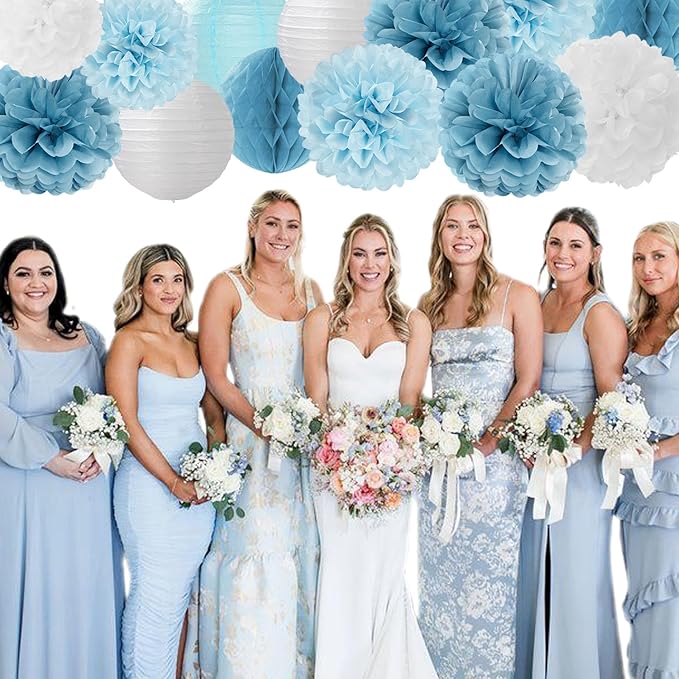 Dusty-Blue White Party-Decorations Paper-Flowers Lanterns - Image 5