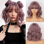 MISSQUEEN Short Wavy Wigs for Women,Synthetic Cute Purple Wavy Wigs with Bangs,14inch Natural Curly Synthetic Women Bob Wig(Purple)