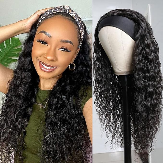 KLAIYI Headband Human Hair Wig Water Wave Curly Non Lace Front Wigs for Black Women Deep Wave Glueless Wear and Go Half Wig 30S Ready to Go Wig with Band Beginner Friendly 180% Natural Hairline 24Inch