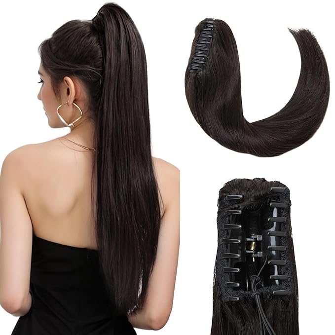 Hairro Clip On Ponytail Hair Extensions Jaw On Claw Clip Ponytails Real Hair Long Jaw/Claw Pony Tail With Clips Hairpieces For Women 20 Inch 120g #1B Natural Black