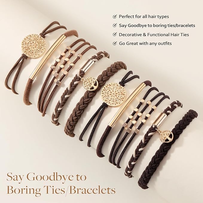 SYGY 10 PCS Boho Hair Ties, Bracelets for Thick & Thin Hair, 5 Styles No Damage, Dark Coffee Colors