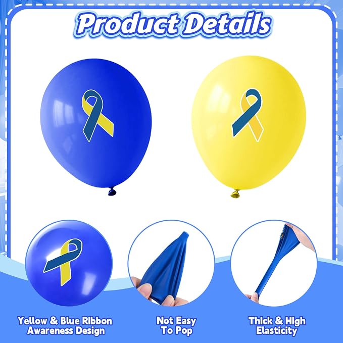 100 Pcs Down Syndrome Awareness Balloons 12 Inch Yellow and Blue Latex Balloons - Image 3