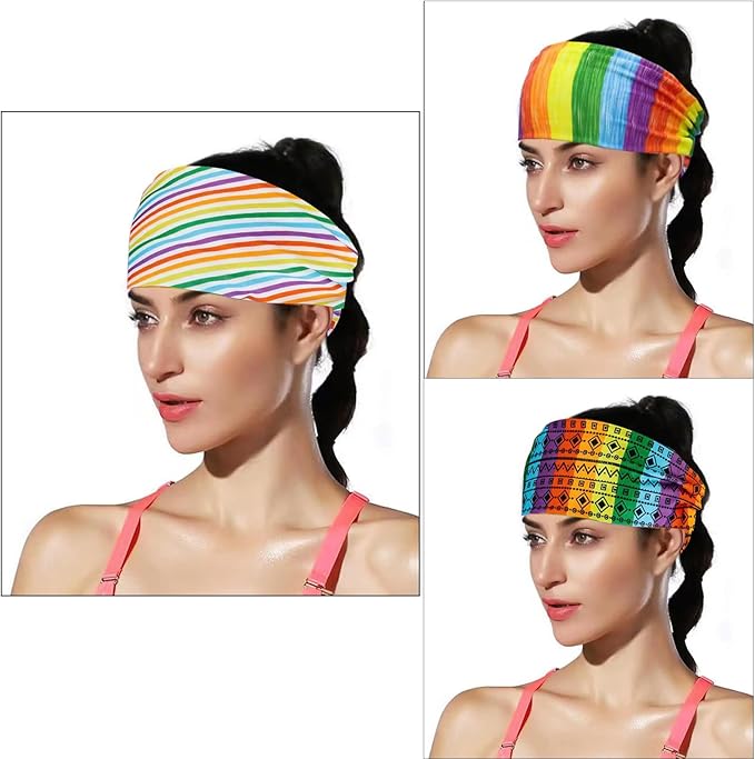 Rainbow Headband for Women Non Slip Elastic Sweat Hairbands Fashion Sports Hair Bands Soft Cloth Fabric Stretchy Headband for Running Workout Yoga