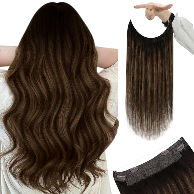 YoungSee 100G Wire Human Hair Extensions Balayage Brown Wire Hair Extensions Real Human Hair Dark Brown with Medium Brown Invisible Headband Hair Extensions Natural Hair 20Inch
