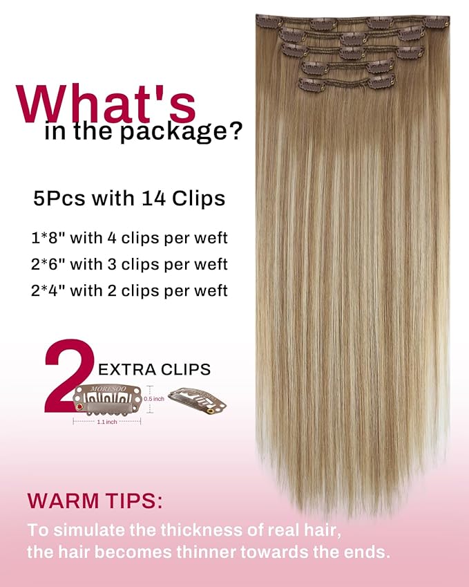 Moresoo Human Hair Clip in Extensions Light Brown Blonde Balayage Hair Extension Clip ins Ombre Light Brown to Medium Blonde for Women Short 80g/5pcs 14 inch
