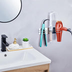 Blow Dryer Holder Wall Mounted Curling Iron Holder, 3 in 1 Hair Tool Organizer for Straightener, Curling Iron, Hair Dryer Holder Adhesive Flat Irons Storage for Bathroom Barber Shop (Silver)