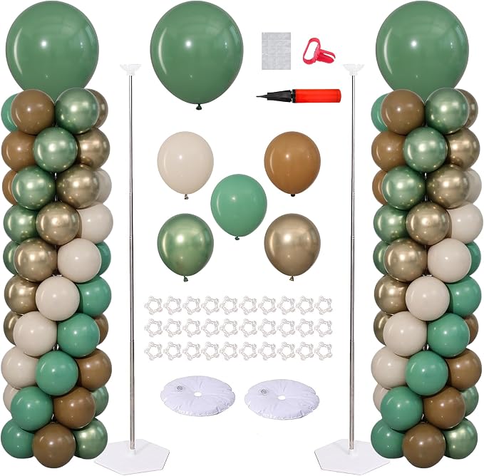 Sage Green Brown Safari Balloons Column Stand Set of 2 | 102Pcs Coffee Beige by ZyloonDecoration