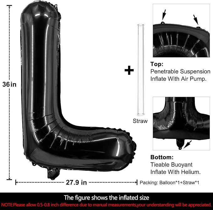 Lovoir 40 Inch Large Black Letter L Balloons Big Size Jumbo Mylar Foil Helium - Image 2