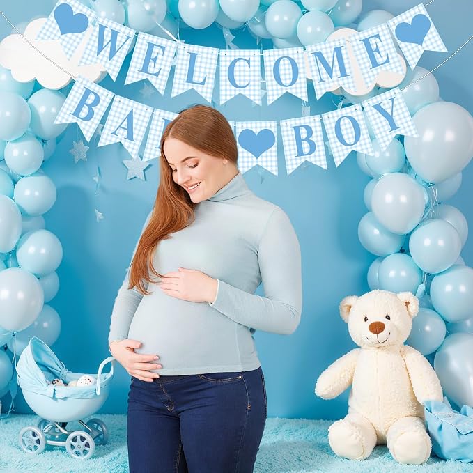 Hahafelt 1 Pcs Blue Gingham Welcome Baby Boy Banner - Image 3