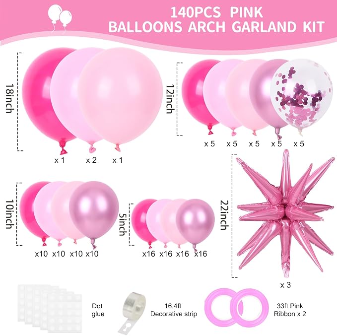 RUBFAC Pink Balloon Arch Kit, Star Latex Balloons - Image 3