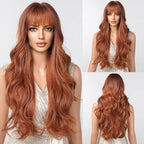 EMMOR Long Curly Ginger Orange Wigs with Bangs for Women, Heat Resistant Synthetic Wavy Wigs for Daily/Party/Cosplay