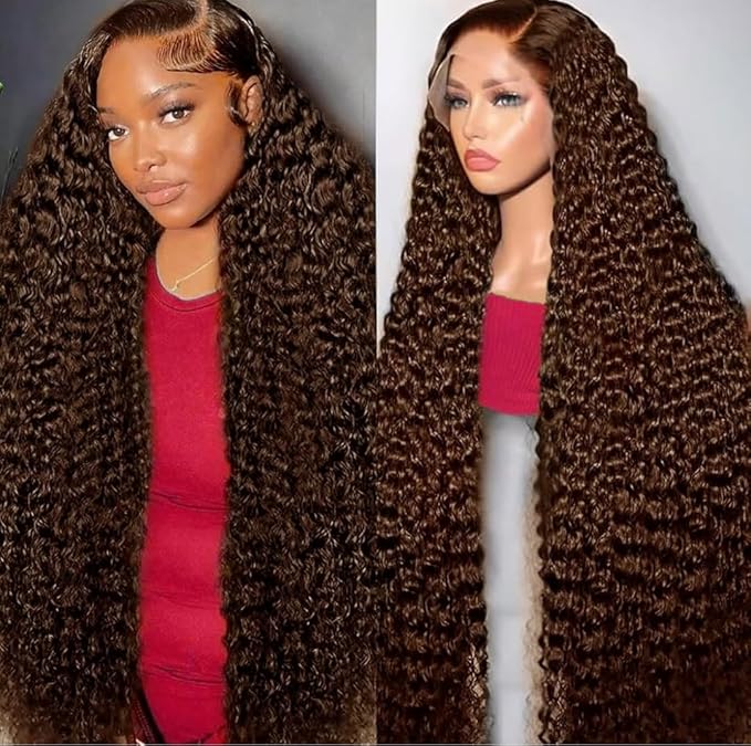 20 Inch Chocolate Brown Deep Wave Lace Front Wigs Human Hair Pre Plucked 200% Density 13x6 HD Lace Frontal Wigs with Baby Hair Deep Curly Wet and Wavy Glueless Wigs for Women (4# Brown, 20 Inch)