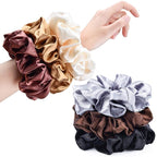 CEELGON Brown Black Big Satin Scrunchies for Women 6.3Inches Large Scrunchie Coffee Satin Oversized Thick Elastic Hair Ties Jumbo Hair Scrunchies 6 Pack (black,coffee, champagne,brown,grey,dark brown)